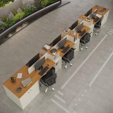 Imagem de Estação De Trabalho 8 Lugares Tech Office 8 Mesas 6 Armários - Off White E Cedro Off White E Cedro