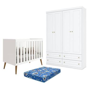 Imagem de Berço Americano Isis Branco Acetinado - Reller e Guarda Roupa Infantil Americano 4 Portas Branco HP e Colchão Ortobom - Henn