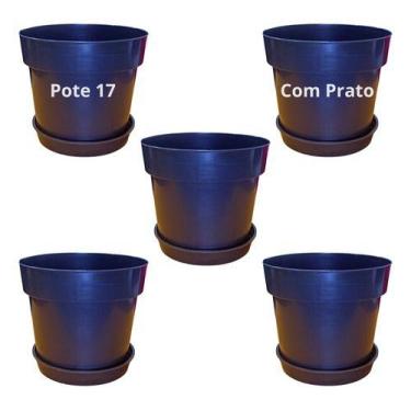 Imagem de Kit 5 Vasos Plástico Pote 17 2,3l + 5 Pratos 14cm Para Mudas - - Preto