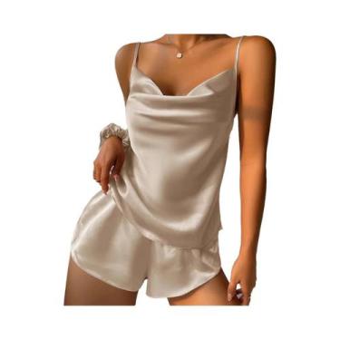 Imagem de Conjunto De Pijama Feminino Em Cetim Liso Com Top Cami Decote V E Shor