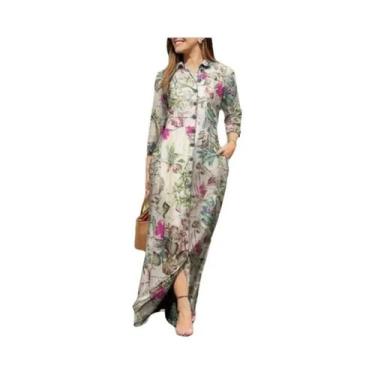 Imagem de Vestido Camisa Feminino Com Estampa Floral, Manga Longa, Botões, Gola 