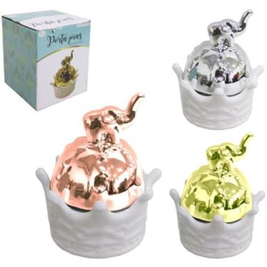 Imagem de Porta Joias Elefante De Porcelana Redondo Metalizado 9,8x6,5 Cz19519 -
