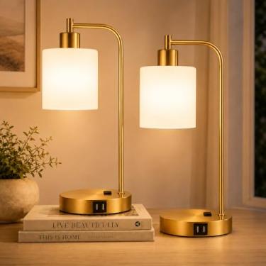 Imagem de Nintiue Conjunto De 2 Luminárias De Mesa Industriais Com Controle De Toque, 2 Portas Usb E Tomada Ca - Luminárias De Cabeceira Douradas Reguláveis De 3 Vias, Luminárias De Mesa De Cabeceira Para Qua
