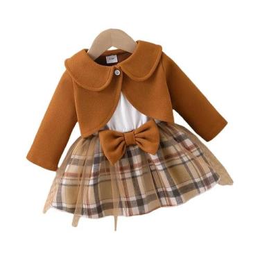 Imagem de Conjunto de vestido de saia de tule xadrez para bebê menina e jaqueta 