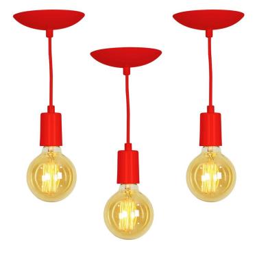 Imagem de Kit 3 Pendente Tubo Cilindro Alumínio Vermelho Fio 1.20m