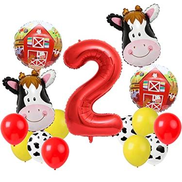 Imagem de Balões de vaca para animais de fazenda decorações de festa de aniversário de 2 anos com estampa de vaca e balão grande número 2