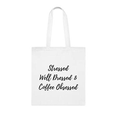 Imagem de Sacola de café bem vestida, obcecada por café, presente engraçado obcecado por café, bolsa de ombro, bolsas reutilizáveis, ideia de de Natal, Branco