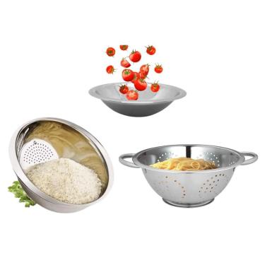 Imagem de Kit Essencial Aço Inox 3 peças Escorredor de Macarrão, Arroz e Saladeira - Mundial Import