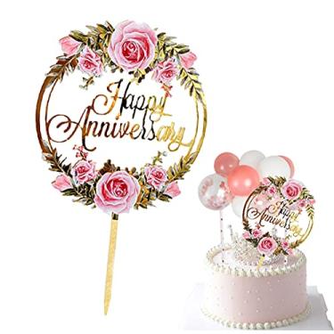 Imagem de Topo de bolo de feliz aniversário cor acrílica flores topo de cupcake para decorações de sobremesa de bolo de festa de namorados de casamento