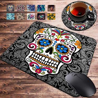Imagem de Gaming Mouse Pad and Coasters Set, Sugar Skull Mousepad, Non-Slip Rubber Rectangle Mouse Pad, Customized Mouse Mat for Working and Gaming