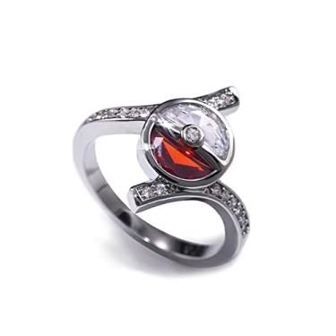 Imagem de Htayekog Prata esterlina 925 brilhante completo diamante Poké bola vermelho e branco anel moderno anéis de zircônia cúbica CZ anel de diamante eternidade noivado aliança de casamento para mulheres (7)