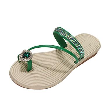 Imagem de Chinelos femininos de verão cor sólida couro strass dedo do pé palha tecido chinelos femininos (verde, 35)