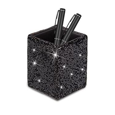 Imagem de Caixa de suporte de caneta de cristal, porta-canetas, strass, organizador de canetas, cosméticos, pincéis, personalizados, (quadrado) (preto)