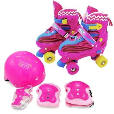 Imagem de Patins Roller Quad Infantil Rosa + Kit De Proteção - Tamanho ajustável 30 ao 33-Feminino
