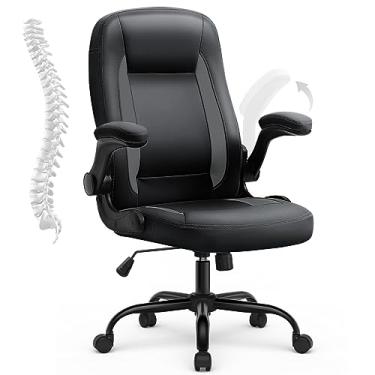 Imagem de YAMASORO Cadeira de Escritorio Ergonomica Lombar de Apoio Cadeira para Escrivaninha com Rodas e Apoio de Braço Flip-up Cadeira de PU, Preta