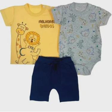 Imagem de Kit 3 peças bebê camiseta curta amarelo, body mescla estampado bichos e bermuda marinho bolso