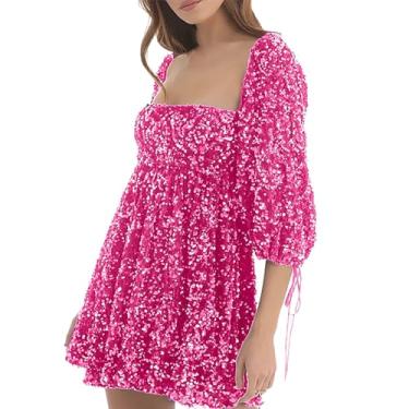 Imagem de UIFLQXX Vestido feminino solto com lantejoulas, casual, gola redonda, manga curta, cor sólida, vestido de noite, vestidos de coquetel, Rosa, P