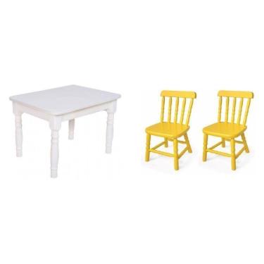 Imagem de Conjunto Infantil Mesa 68x52cm c/2 Cadeiras Madeira Maciça Branco/Amarelo