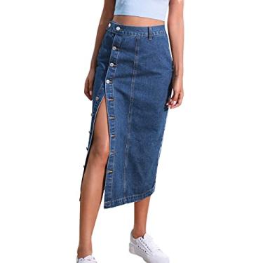Imagem de UIFLQXX Roupas femininas europeias e americanas botão fenda irregular jeans cintura alta saia longa casual mostrando saia, Azul-marinho, M