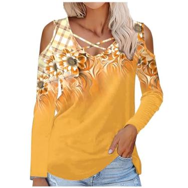 Imagem de Túnica floral longa e fina para mulheres, outono, verão, ombro vazado, gola V, blusa feminina 2024, L-666 amarelo mostarda, 3G
