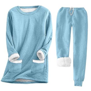 Imagem de Roupas femininas quentes, camisetas, calças, pijamas, conjuntos de pijama para mulheres, forrado com lã, combinando com lã, outono inverno 2024, B-875 Azul royal claro, XG