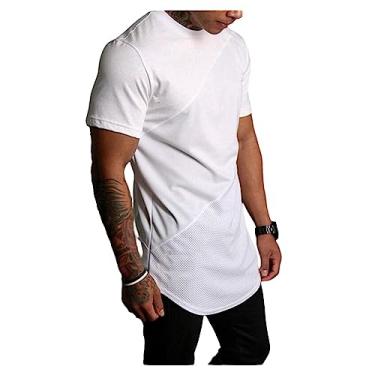 Imagem de Camiseta masculina atlética de manga curta respirável costura lisa leve algodão fino, Branco, G