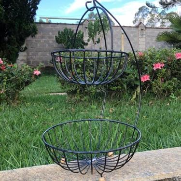 Imagem de Fruteira rústica aramada de ferro com 2 cestinhos super grandes e resistentes cesto de frutas para cozinhas, áreas, sitios