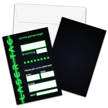 Imagem de Laser Tag Convites de aniversário com envelopes - Cartão de convite de festa Lasertag para meninos/meninas - Pixel Grid Neon Glow Cartões de convites de preenchimento - Celebração de festa com