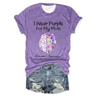 Imagem de Camisetas femininas de conscientização de Alzheimers roxo floral gráfico blusa manga curta verão casual solto blusas túnicas, Bege, XXG