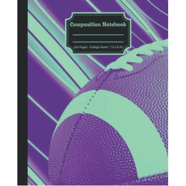 Imagem de Caderno de composição: pautado pela faculdade; lindo diário estético, design preppy roxo e verde com ilustração de futebol.