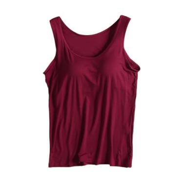 Imagem de Sutiã embutido para mulheres 2024 verão básico sólido verão casual camiseta de algodão acolchoado para treino, Vinho, 3G
