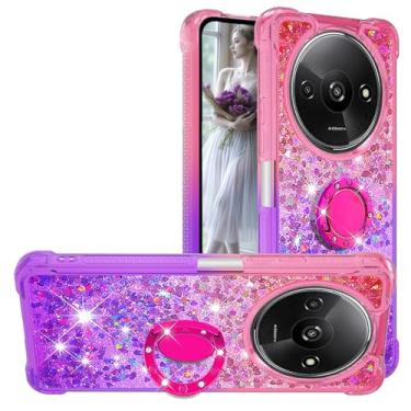 Imagem de CCSmall Capa transparente com glitter para Xiaomi Redmi A3 para meninas e mulheres, capa fofa com brilho líquido com suporte gradiente areia movediça capa para Xiaomi Redmi A3 JB rosa malva