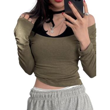 Imagem de SHENHE Conjunto de camiseta feminina de 2 peças frente única com laço nas costas e ombro de fora e manga comprida, Verde militar, M