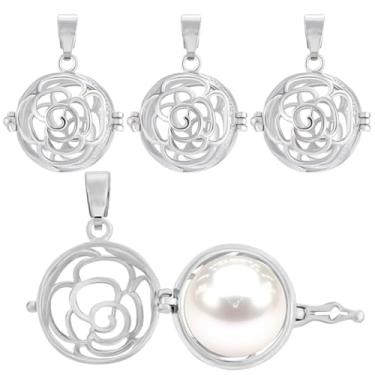 Imagem de Framendino, Pacote com 4 pingentes de gaiola, pingentes de medalhão, pingentes de bola, flor rosa, pérola, gaiola, pingentes, para fazer você mesmo, joias, colar, pulseira, brincos, 4 Pack, Sem Pedra