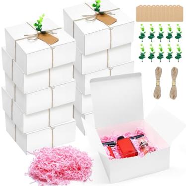 Imagem de Conjunto de 10 caixas de presente para dama de honra, 20 x 20 x 10 cm, 10 etiquetas de papel kraft, 10 hastes de folhas de eucalipto de plástico e enchimento de papel cortado de 200 g