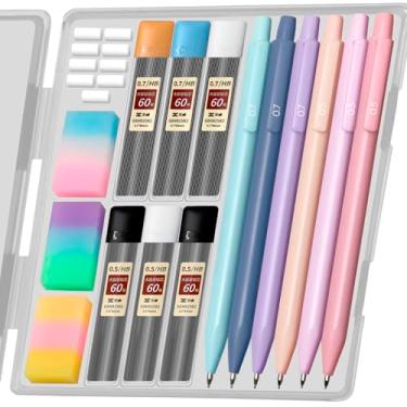 Imagem de ChunRun Lindo conjunto de lapiseiras pastel – 6 lápis mecânicos de 0,5 e 0,7 mm, 6 tubos de refil de grafite HB, 3 borrachas, ferramentas de escrita estética para meninas, material de volta às aulas
