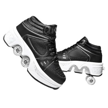 Imagem de Tênis de skate para homens e mulheres, patins com rodas de duas fileiras deformadas, tênis retráteis, sapatos para atividades ao ar livre com rodas para meninos e meninas, Cano alto preto, US 5.5