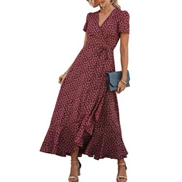 Imagem de PRETTYGARDEN Vestido maxi feminino de verão, casual, floral, decote em V, manga curta, bainha com babados, vestidos longos de praia, Vermelho, GG
