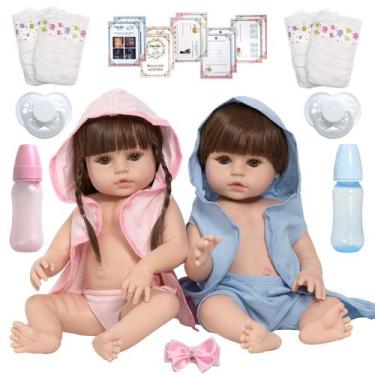 Imagem de 2 Bonecos Reborn Gêmeos Casal Recém Nascidos Pode Dar Banho - Cegonha 