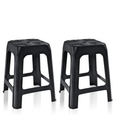 Imagem de Conjunto kit 2 banquetas bancos banquinhos plásticos empilháveis preto