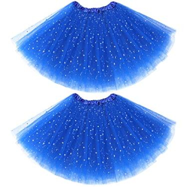Imagem de Haysandy Pacote com 2 saias tutu femininas de Halloween para adultos, tutu de tule em camadas elásticas com lantejoulas e estrelas dos anos 80, Azul royal, about 40 cm/ 15.75 inches