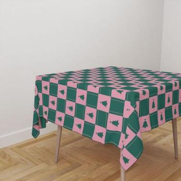 Imagem de Toalha De Mesa Quadrada Tecido Oxford Quadriculado Àrvore Natal Rosa e
