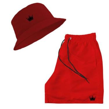 Imagem de Short Praia + Chapeu Bucket Hat Masculino Vermelho Com Cordao Preto - 