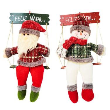 Imagem de Jogo Papai Noel e Boneco de Neve Pelúcia Sentado na Gangorra Madeira Rústica e Placa Feliz Natal 43cm - Master Christmas