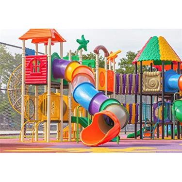 Imagem de AOFOTO 2,1 x 1,5 m Fundo de parque de diversões infantil Slide Playground para chá de bebê, festa de aniversário, retrato, férias, férias, jardim de infância, suporte de cabine de fotos