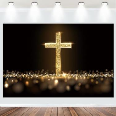 Imagem de Tecido 2,1 x 1,5 m Glitter Gold Cross Backdrop God Bless Baptism Black Photography Background First Holy Communion Recém-nascido Chá de Bebê Decoração de Festa Eventos Igreja Mural Foto Cabine