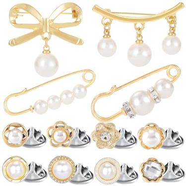 Imagem de CustomyLife 12 peças de amuletos de meias de pérolas femininas com laço de strass dourado, alfinetes de segurança, clipes de calça para apertar a cintura, suéter, pinos, xale, para mulheres, chapéus