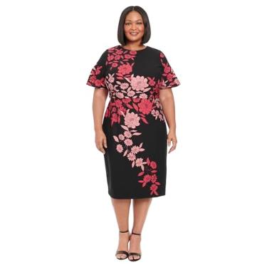 Imagem de London Times Vestido feminino com gola joia, manga esvoaçante, elegante, elegante, elegante, comprimento midi, Preto/flor de pêssego, 52