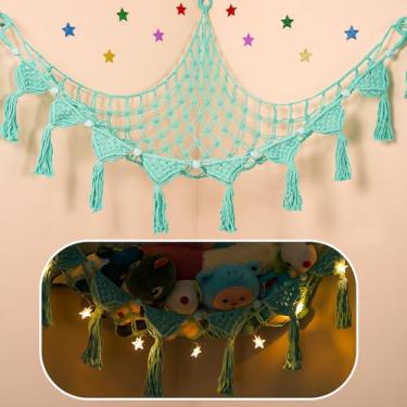 Imagem de iHansee Rede De Armazenamento De Bichos De Pelúcia De Canto, Suporte De Brinquedo Com Borla De Macramê Jumbo Boho De 56'' Montado Na Parede, Organizador De Rede Para Pendurar Para Decoração De Berçári