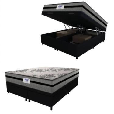Imagem de Cama Box Baú Casal King Colchão Gazin Com Molas Ensacadas Rubi 193x203x73cm Suede Preto/Cinza